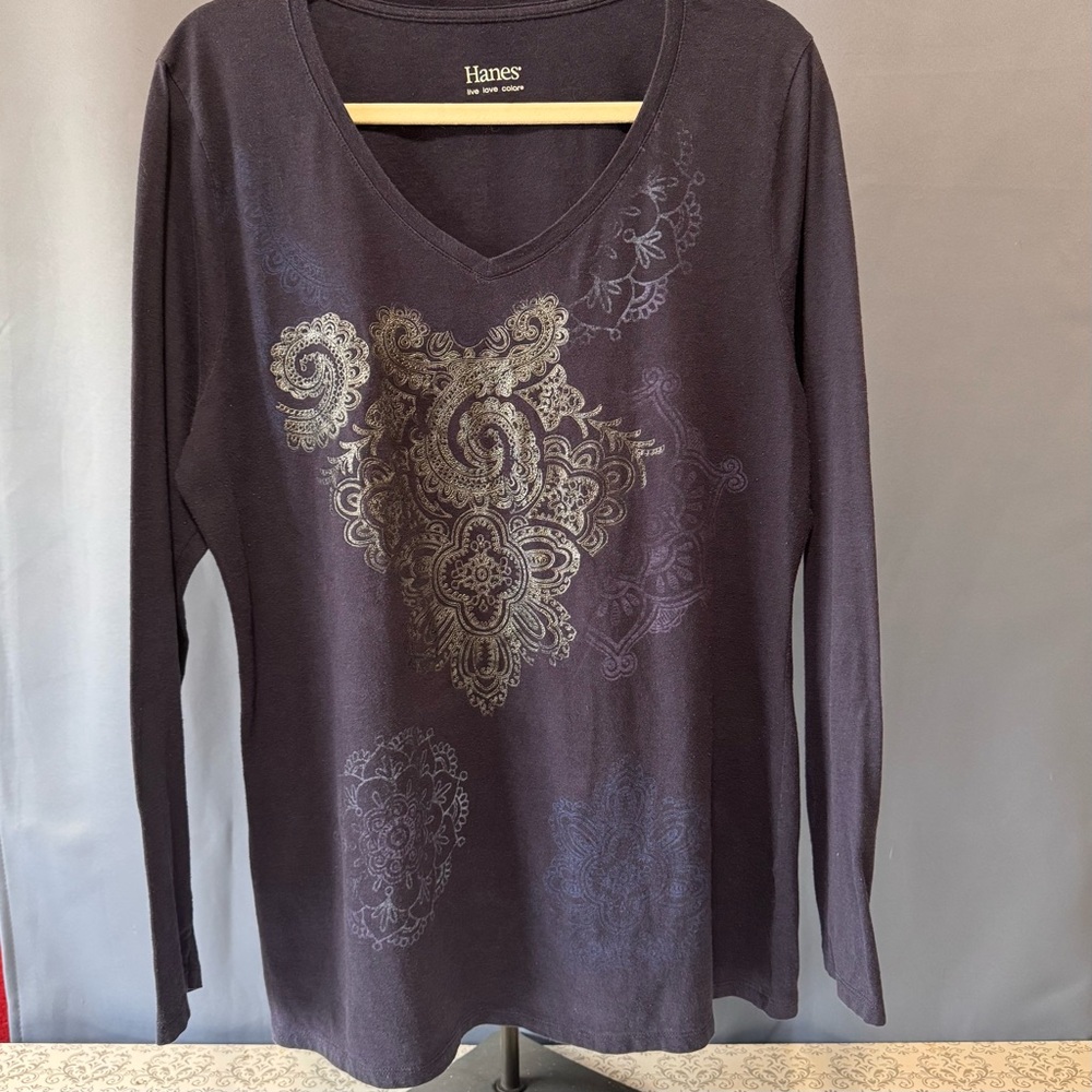 Hanes Women's Dark Purple Long Sleeve Blouse